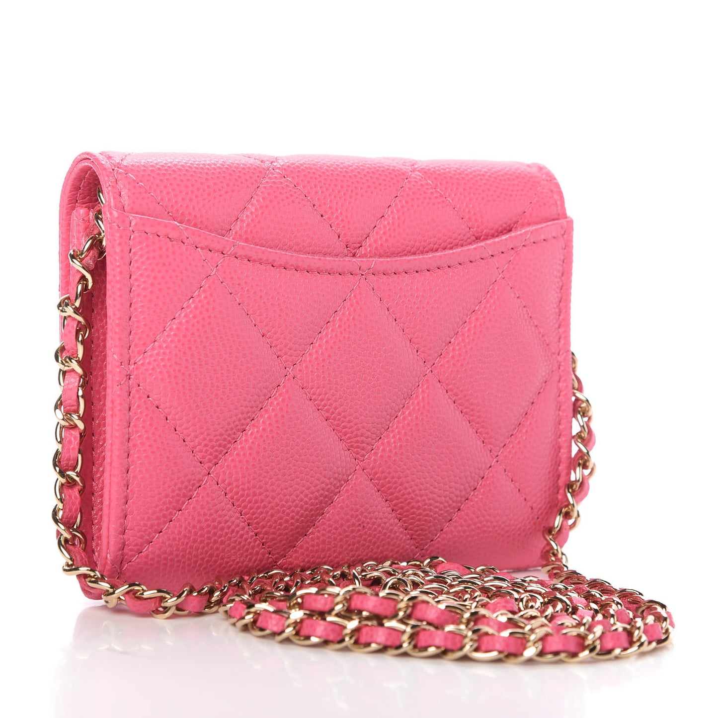 Caviar Quilted Flap Card Holder On Chain Pink