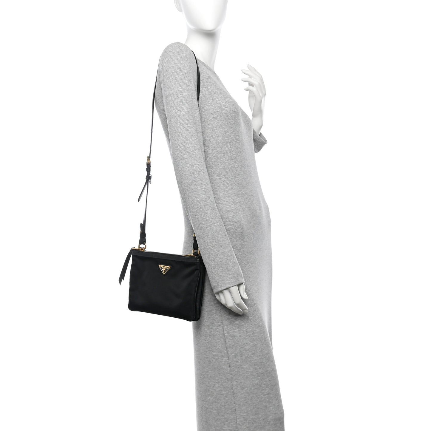 Tessuto Nylon Soft Calf Double Zip Crossbody Bag Black