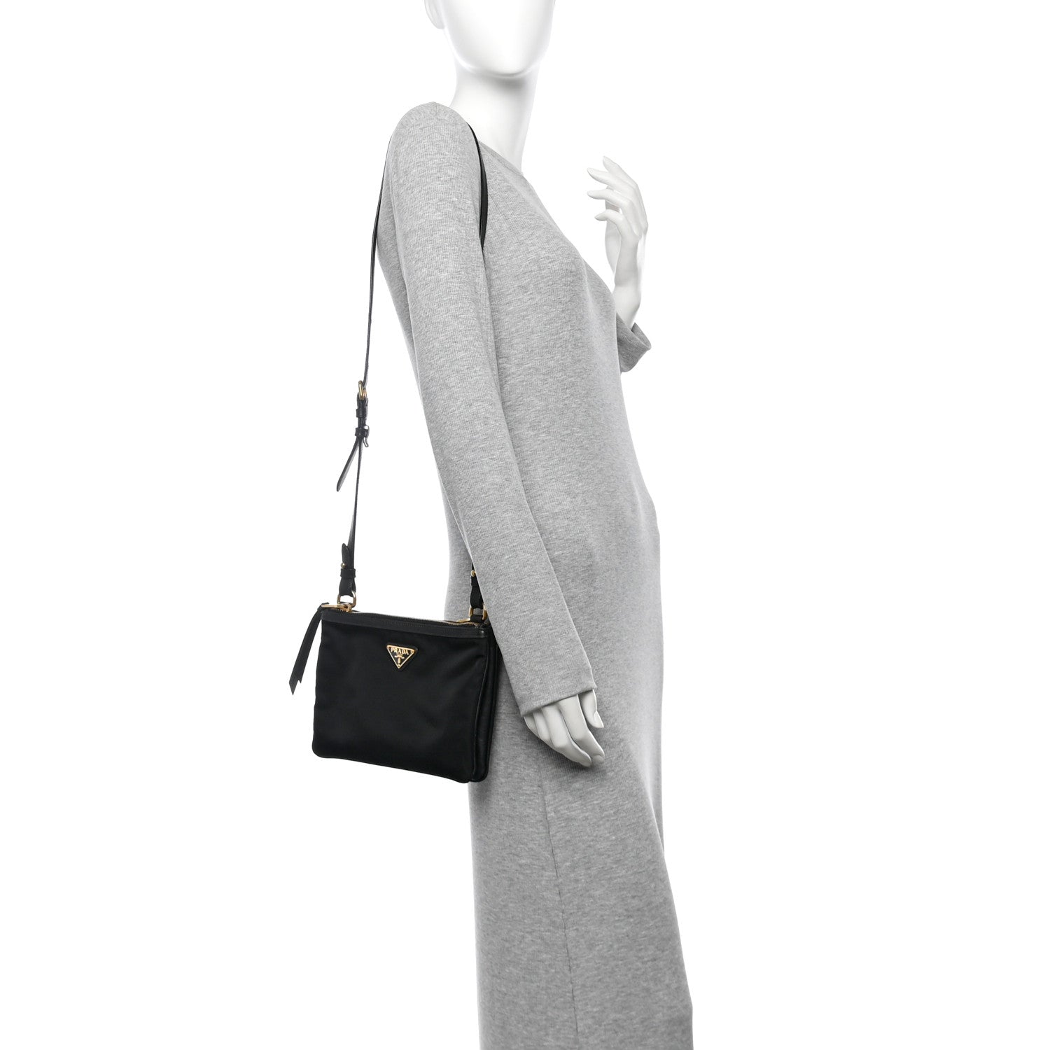 Prada Tessuto Nylon Soft Calf Double Zip Crossbody Bag Black 3 of 27