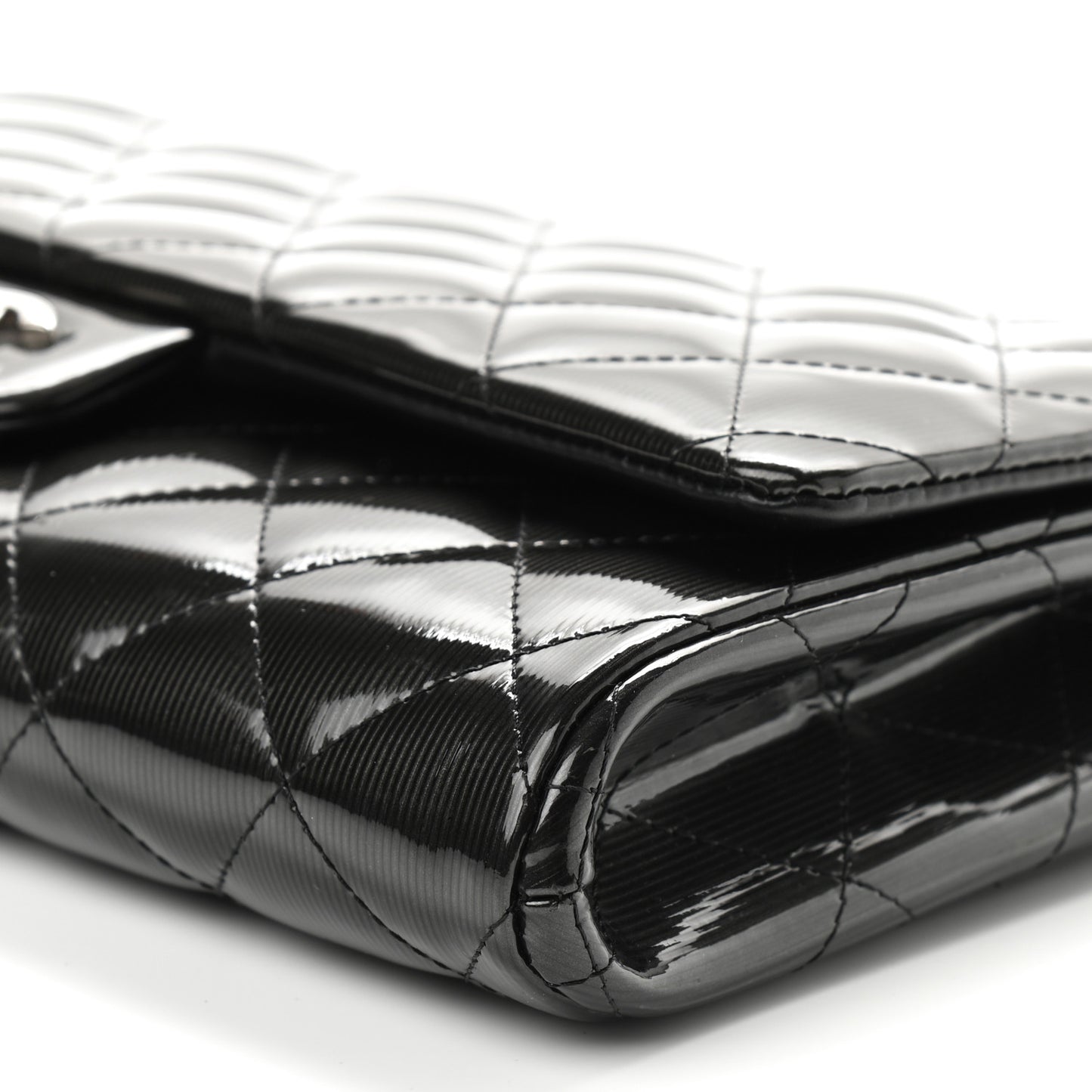 Striated Patent Quilted Clutch With Chain Flap Dark Grey