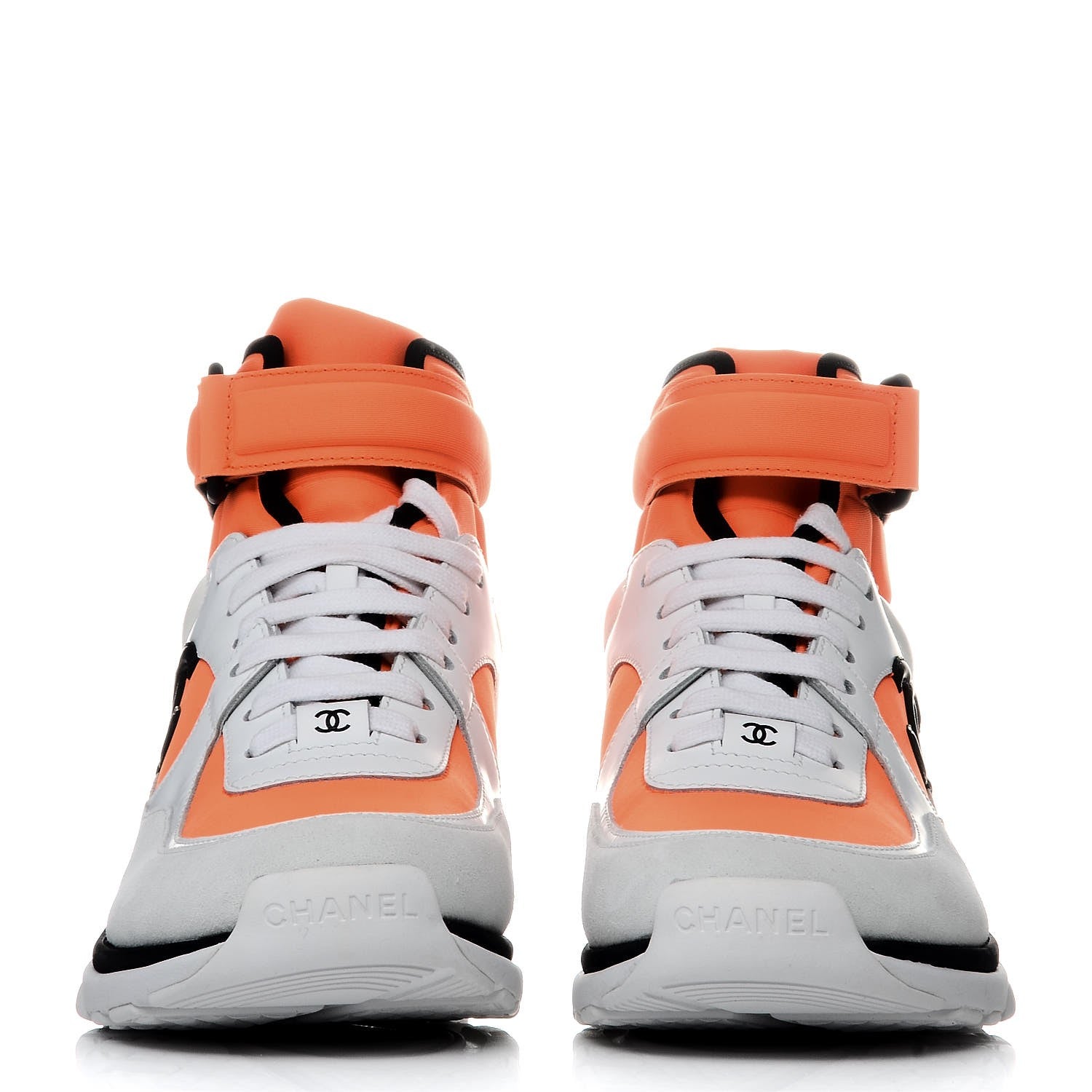 Chanel Suede Calfskin Lambskin Neoprene High Top CC Sneakers 36 White Fluo Orange 2 of 9