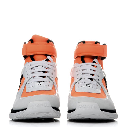 Chanel Suede Calfskin Lambskin Neoprene High Top CC Sneakers 36 White Fluo Orange 2 of 9