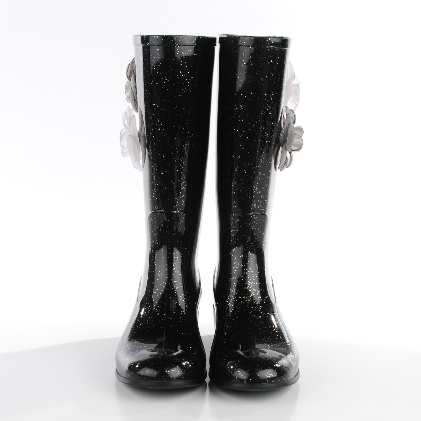 Rubber Glitter Camellia Rain Boots 36 Black
