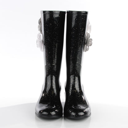 Chanel Rubber Glitter Camellia Rain Boots 36 Black 2 of 7