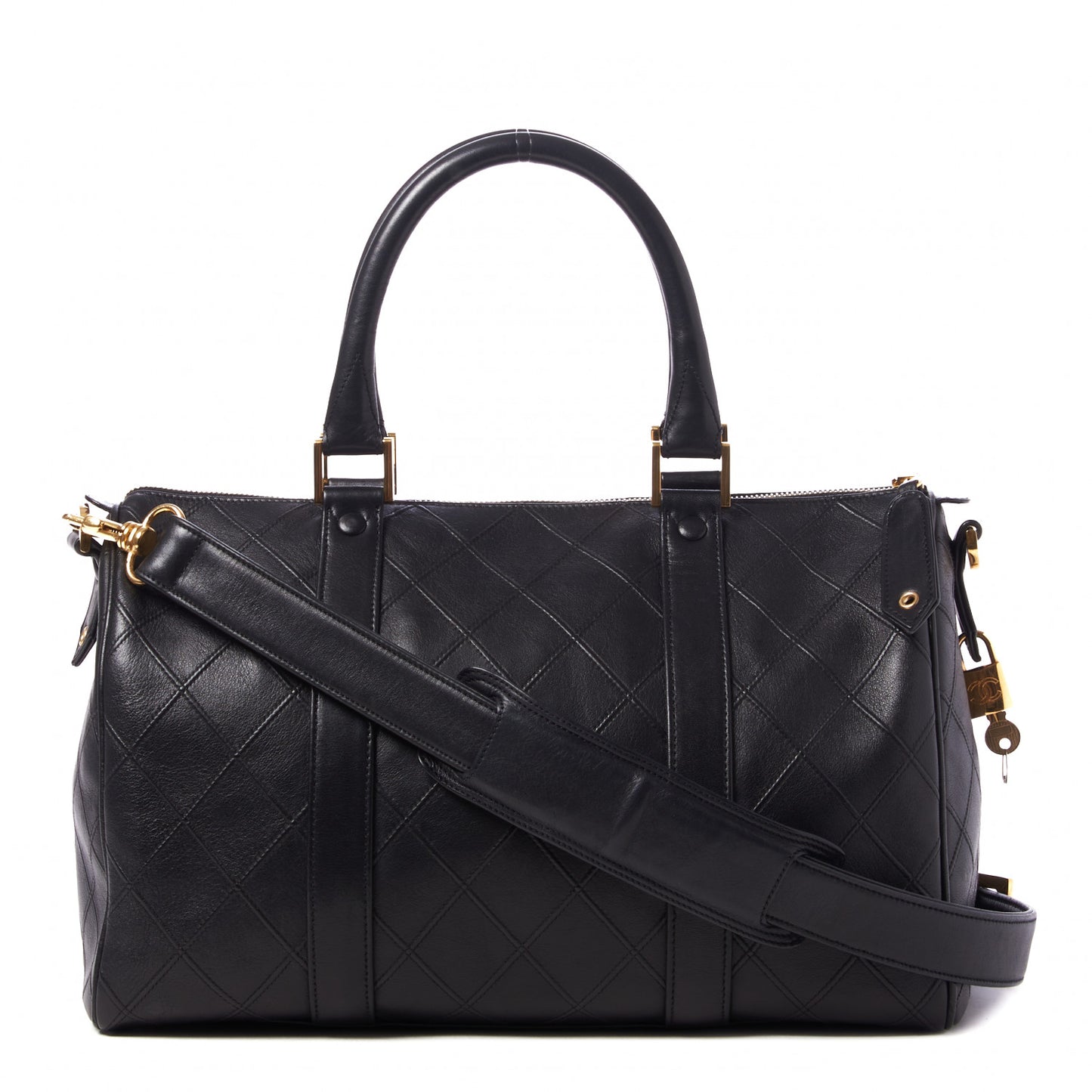 Calfskin Diamond Stitched Duffel Bag Black