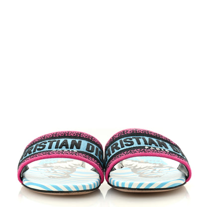 Christian Dior Canvas D-Jungle Pop Embroidered Dway Flat Slide Sandals 37 Bright Blue Pink Multicolor 3 of 12