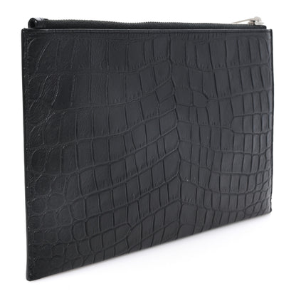 Saint Laurent Calfskin Crocodile Embossed Zip Mini Tablet Sleeve Black 3 of 7