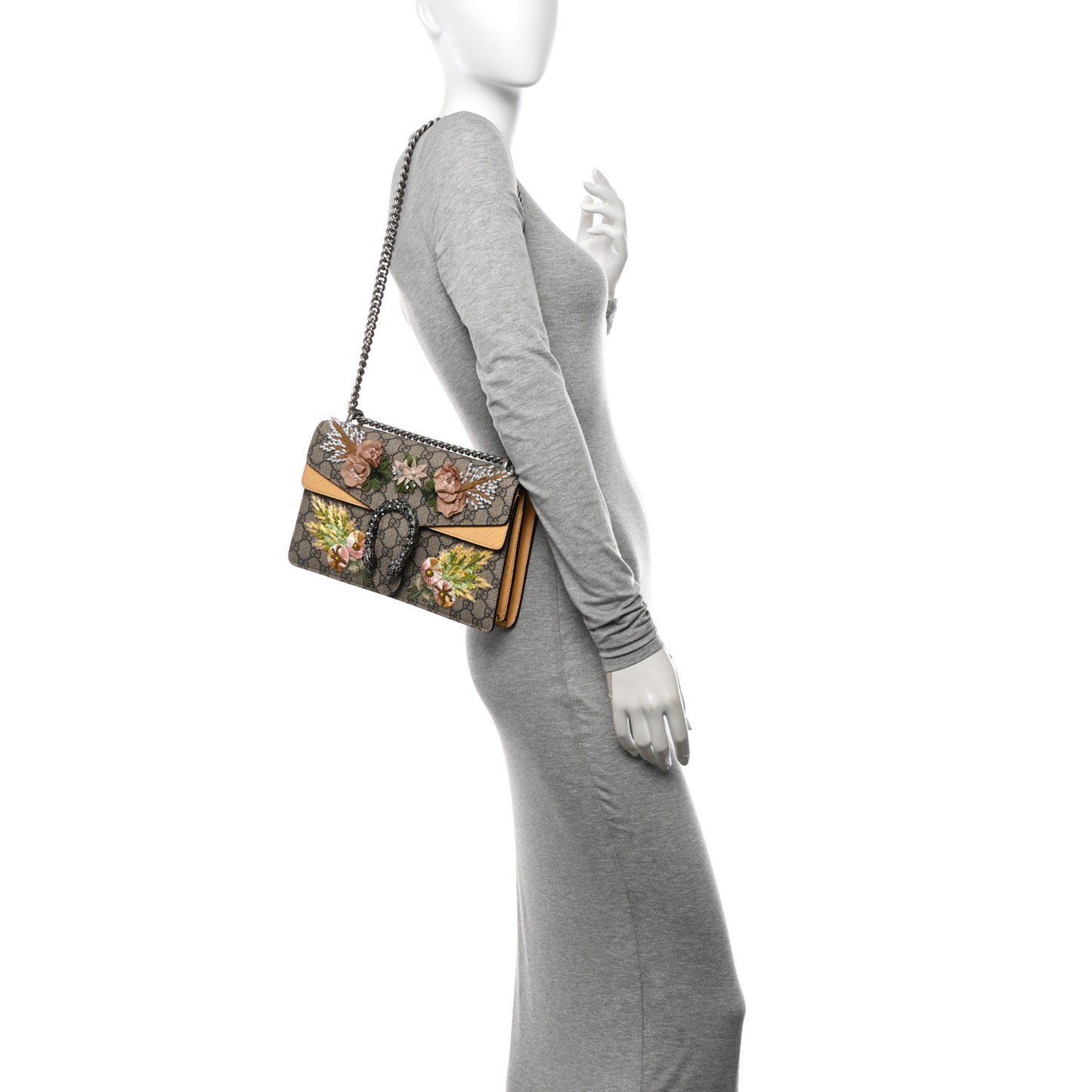 GG Supreme Monogram Snakeskin Flower Embroidered Medium Dionysus Shoulder Bag Beige Yellow