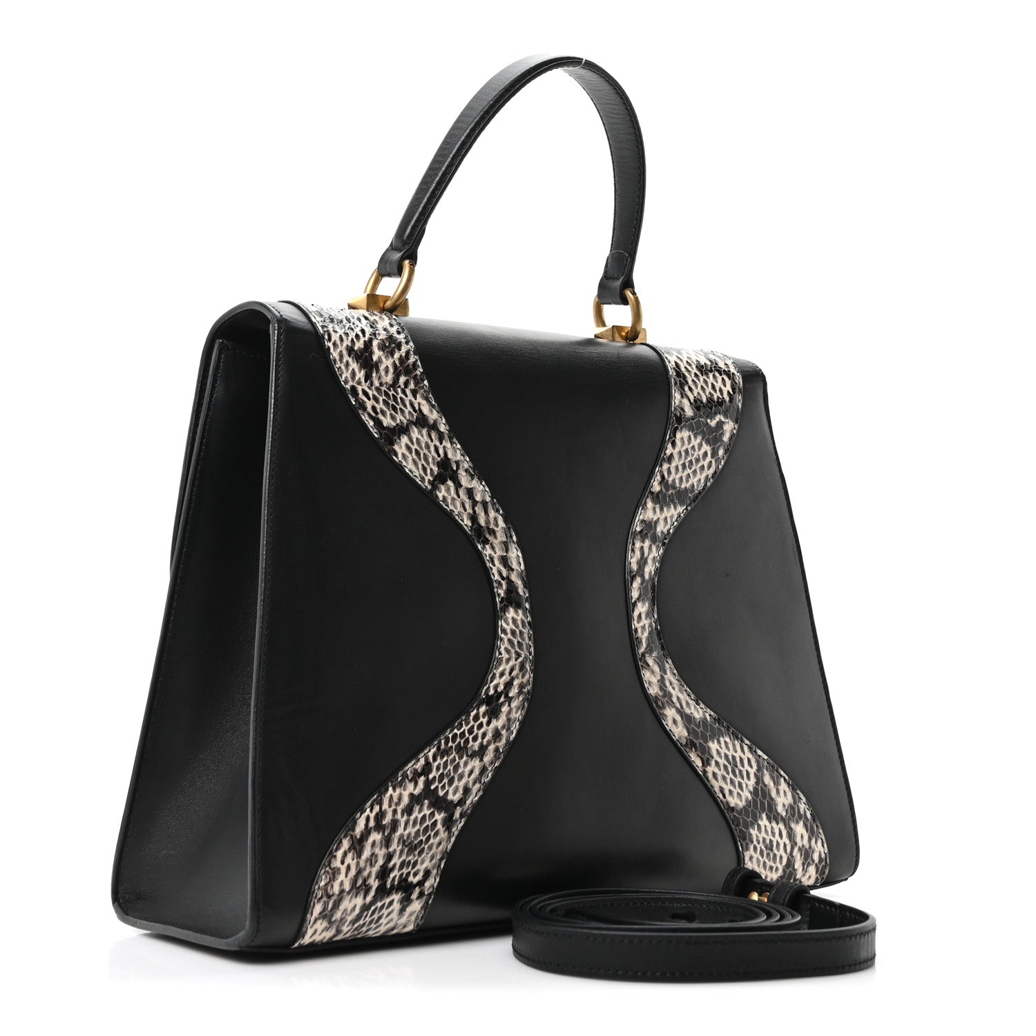 Gucci Calfskin Snakeskin GG Supreme Monogram Medium Osiride Top Handle Bag Black 3 of 10