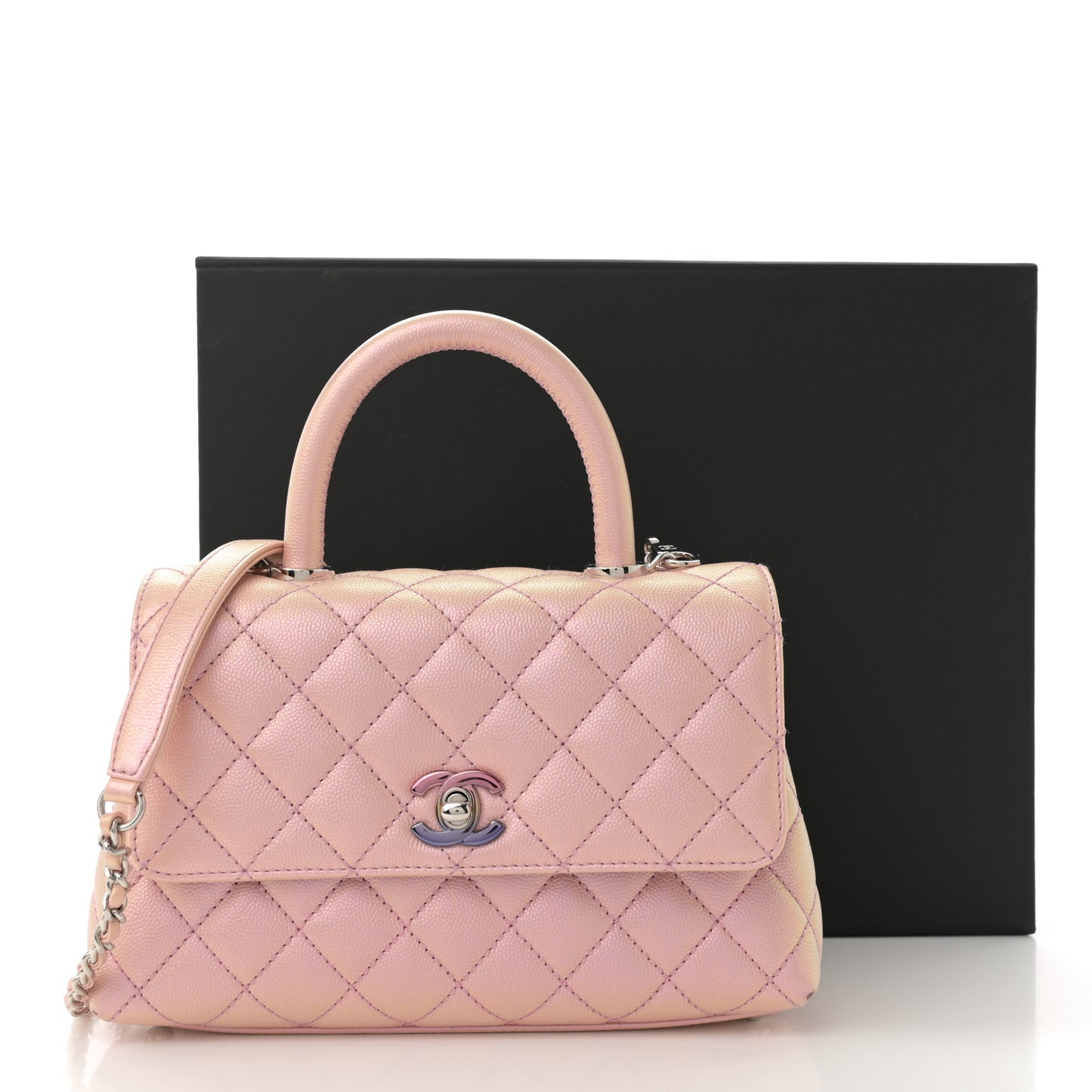 Iridescent Caviar Quilted Mini Coco Handle Flap Pink