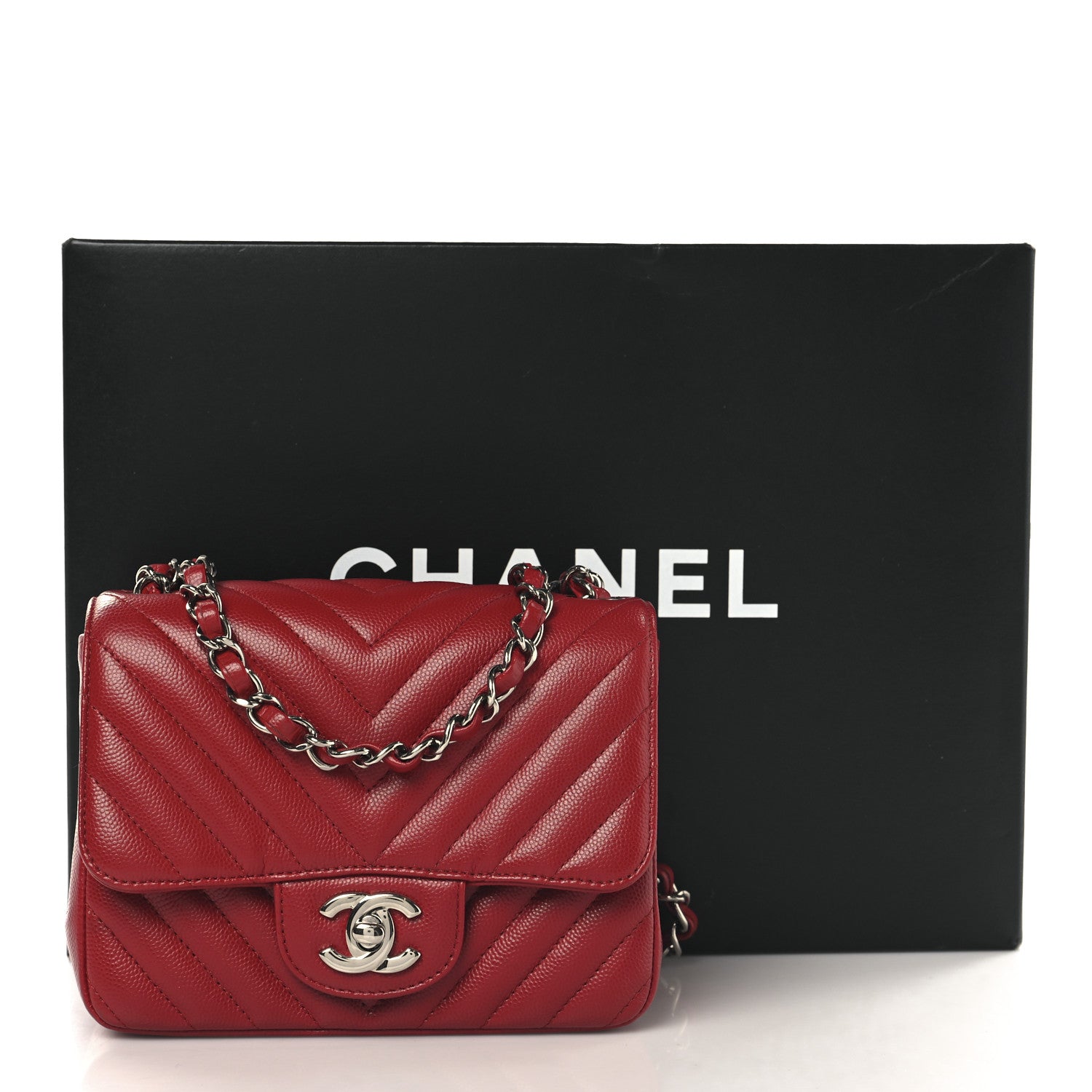 Chanel Caviar Chevron Quilted Mini Square Flap Red 11 of 11
