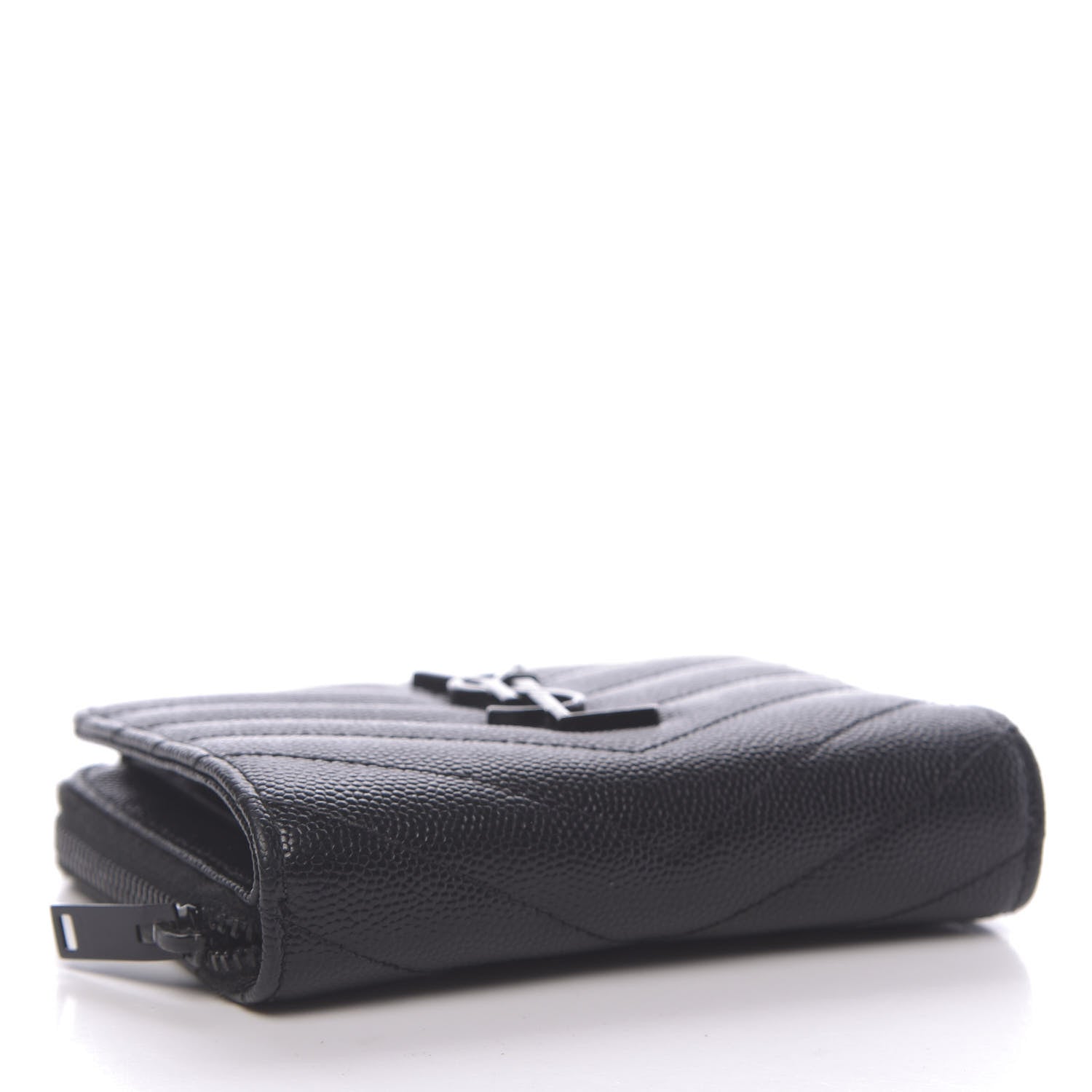 Saint Laurent Grain De Poudre Matelasse Chevron Monogram Compact Zip Around Wallet Black 4 of 15