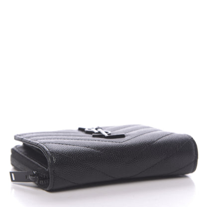 Saint Laurent Grain De Poudre Matelasse Chevron Monogram Compact Zip Around Wallet Black 4 of 15