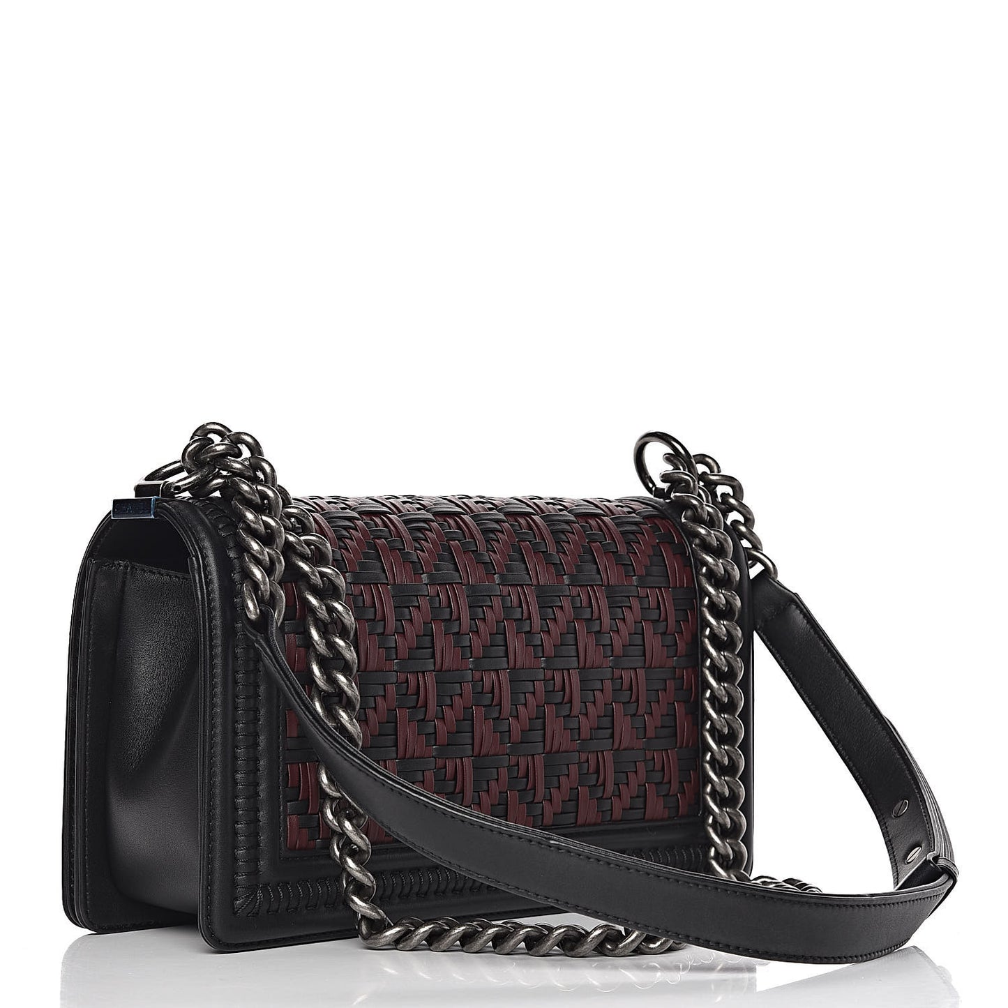 Calfskin Woven Medium Boy Flap Black Burgundy