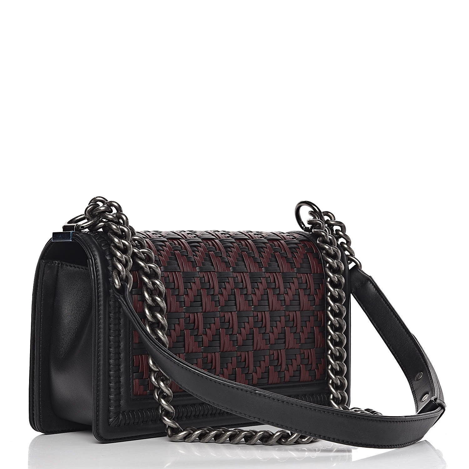 Chanel Calfskin Woven Medium Boy Flap Black Burgundy 3 of 14