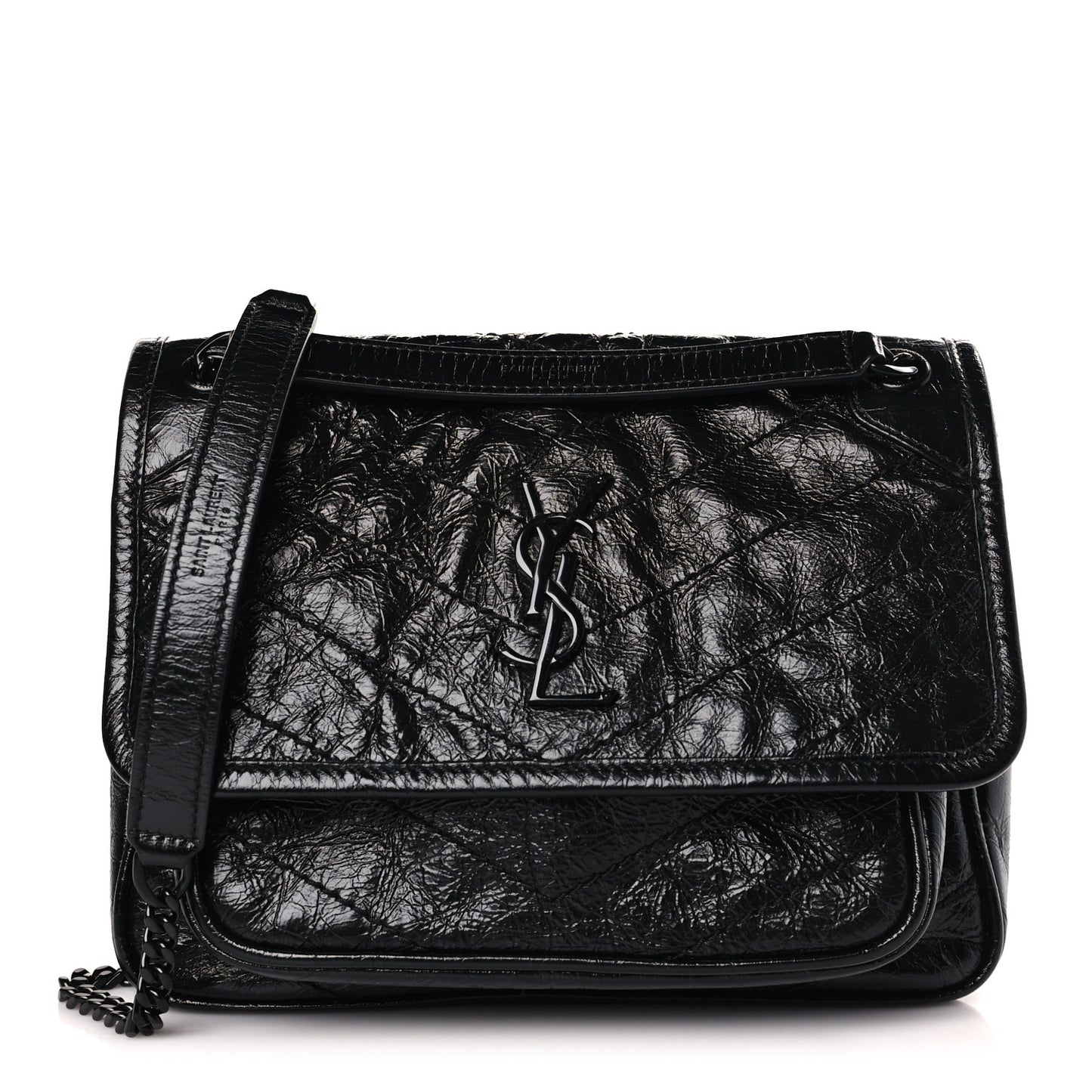 Crinkled Calfskin Matelasse Monogram Baby Niki Chain Satchel Black