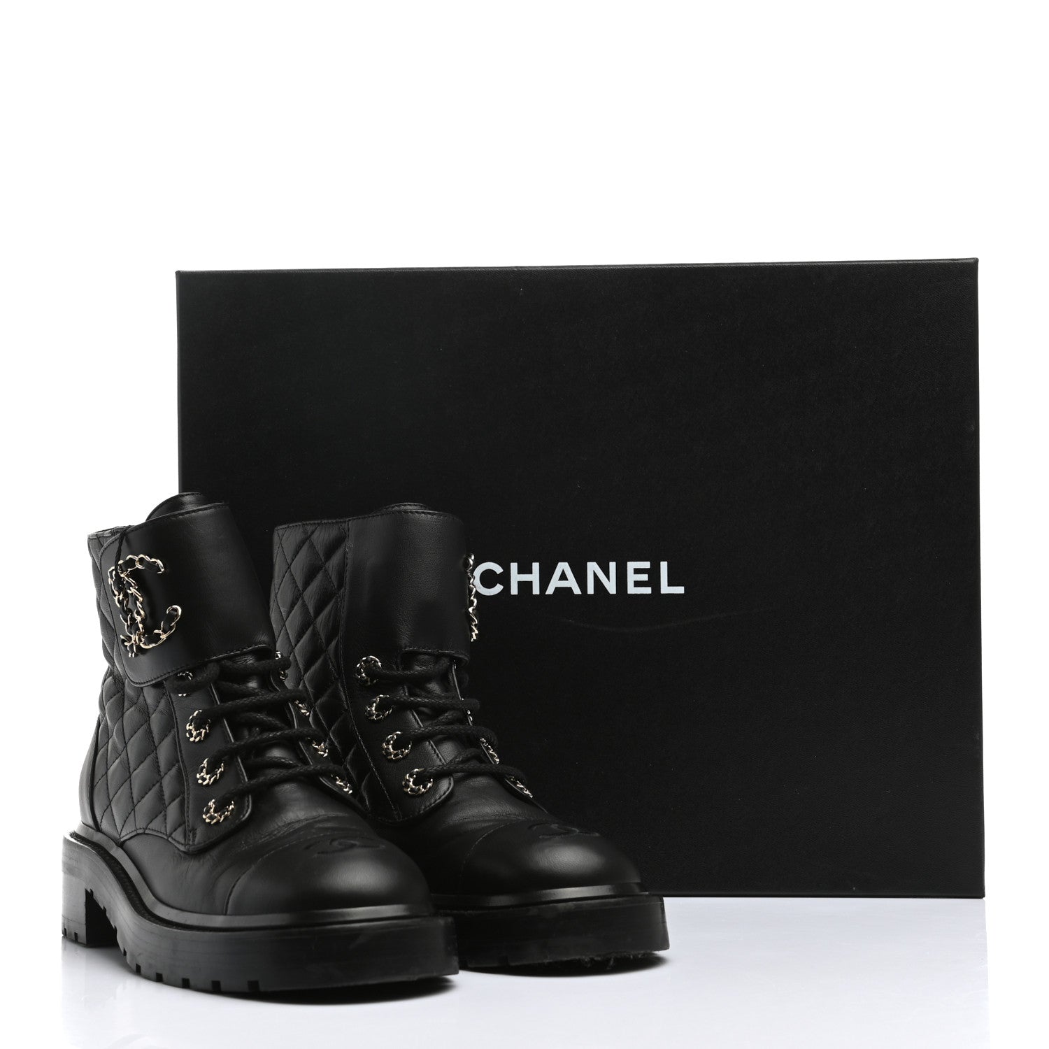 Chanel Shiny Lambskin Quilted Lace Up Combat Boots 38 Black 13 of 13