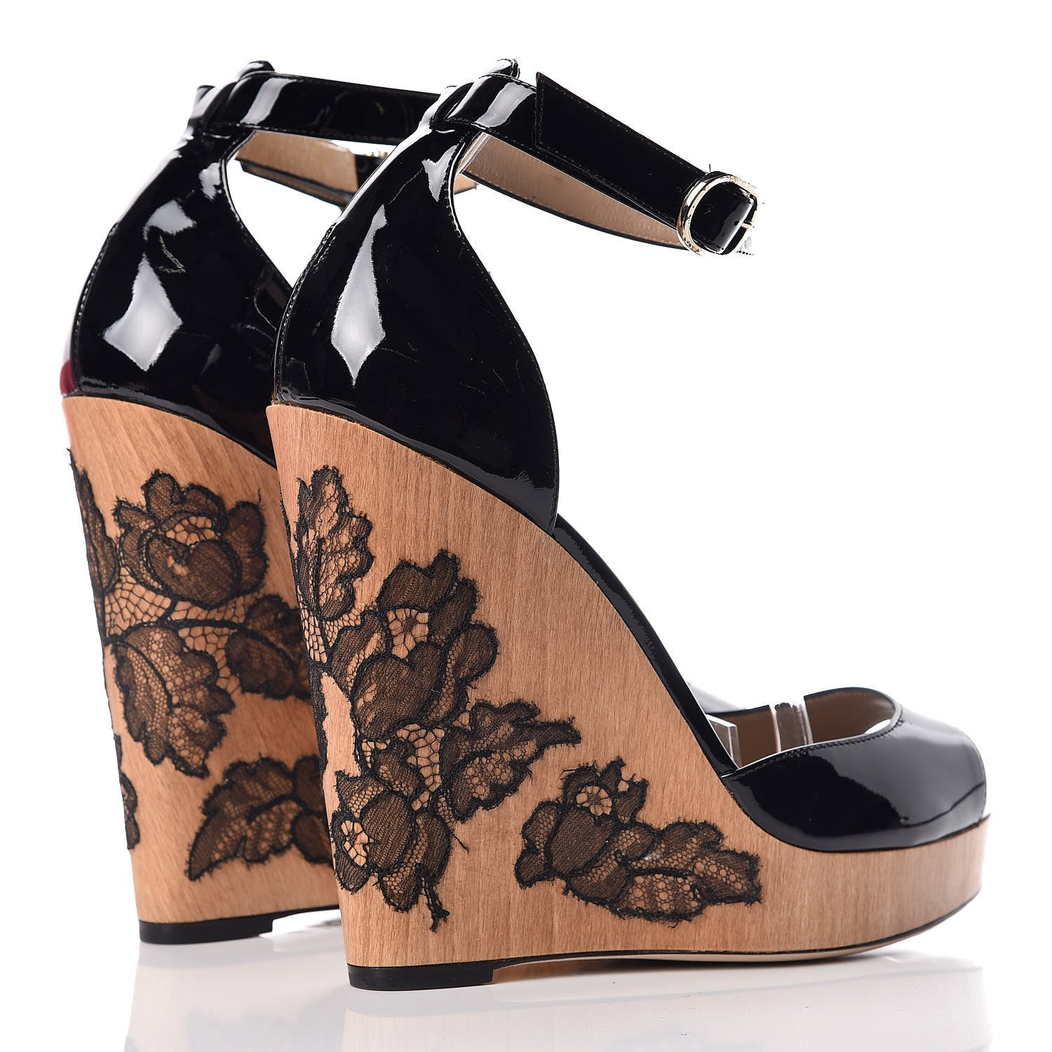 Valentino Garavani Calfskin Lace Applique Wood Wedge Sandals 39 Black 4 of 15