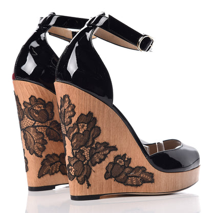 Valentino Garavani Calfskin Lace Applique Wood Wedge Sandals 39 Black 4 of 15