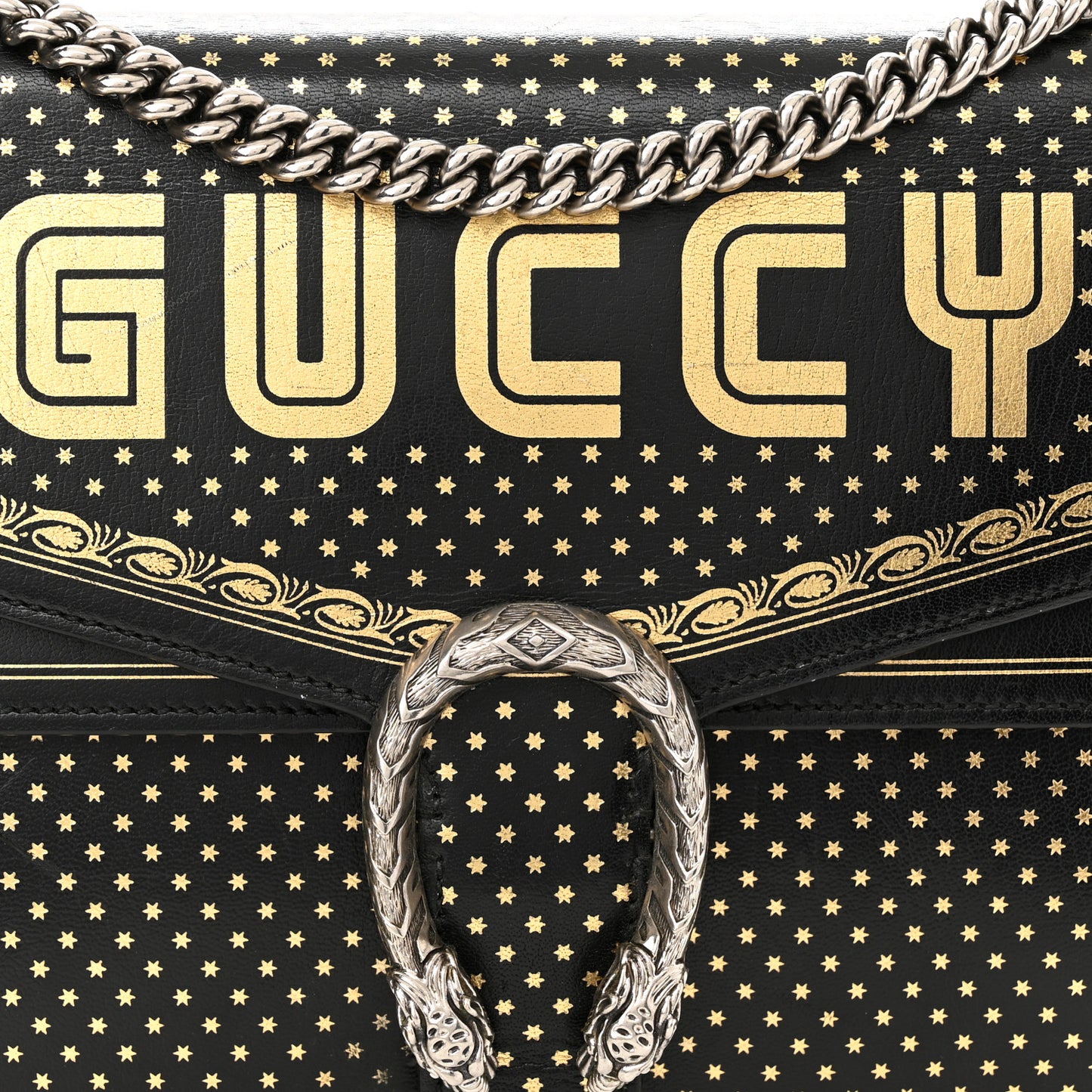 X SEGA Calfskin GUCCY Stars Medium Dionysus Shoulder Bag Black Gold