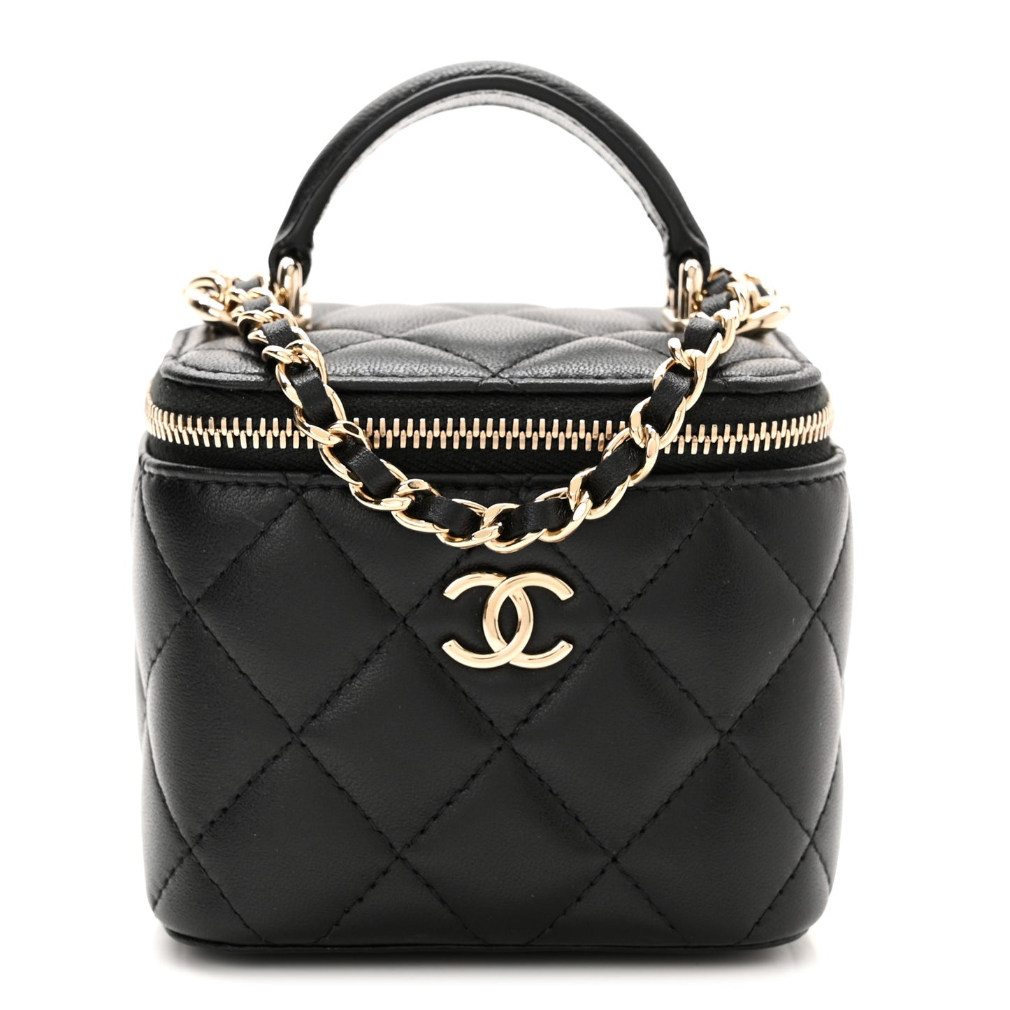 Lambskin Quilted Top Handle Mini Vanity Case With Chain Black