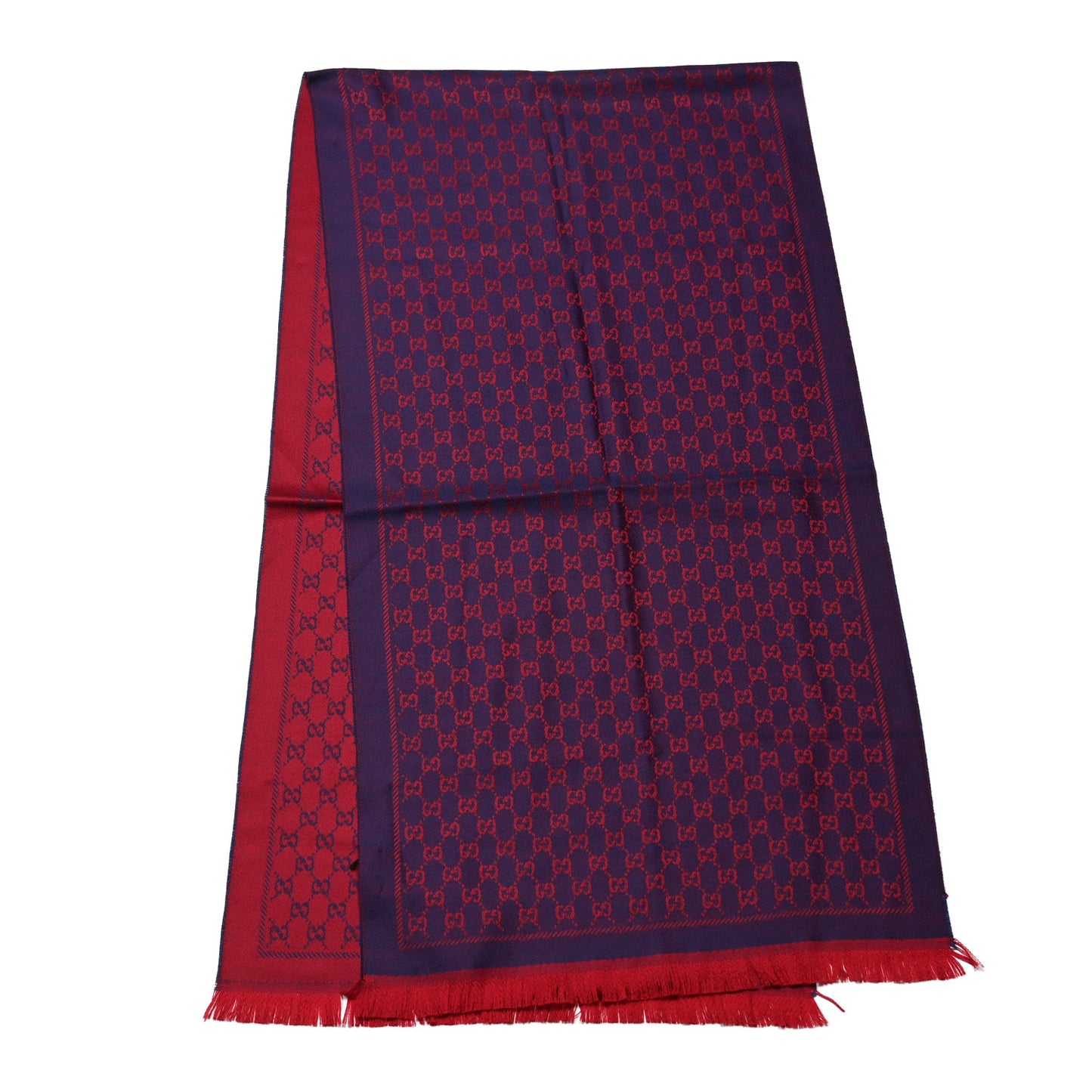 Wool GG Monogram Reversible New Sten Fringe Scarf Dark Purple Red