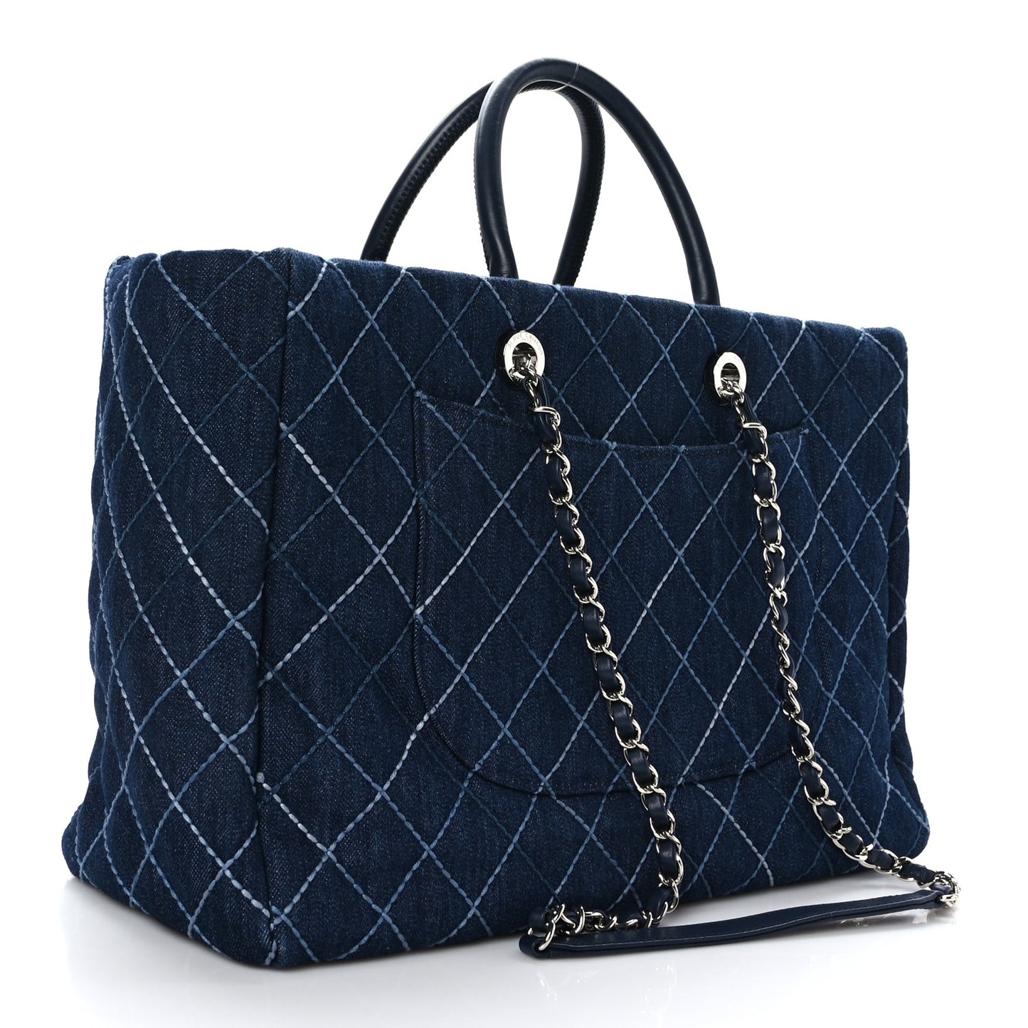 Denim Quilted Large Coco Handle Shopping Tote Blue