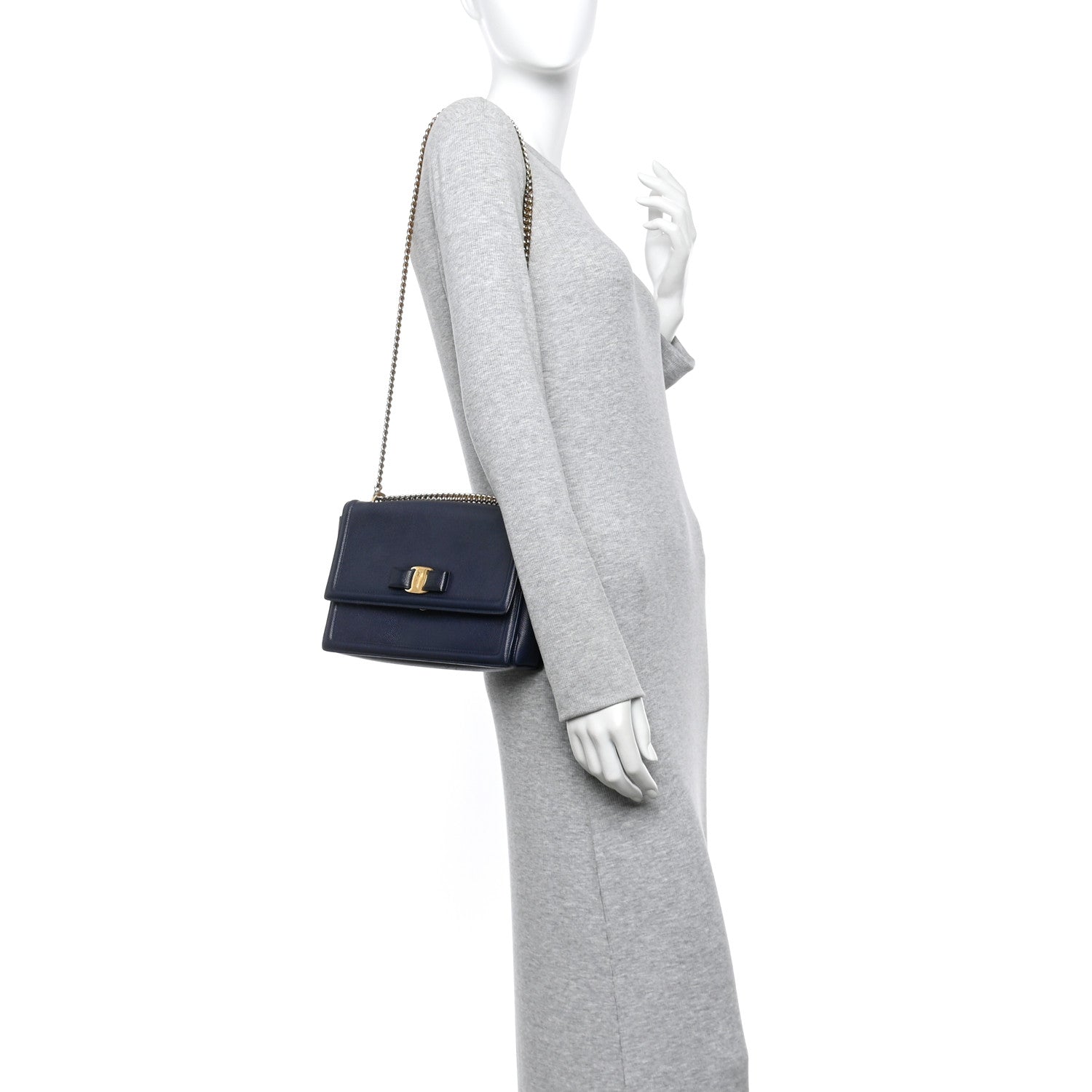 Salvatore Ferragamo Printed Calfskin Ginny Shoulder Bag Navy 2 of 13