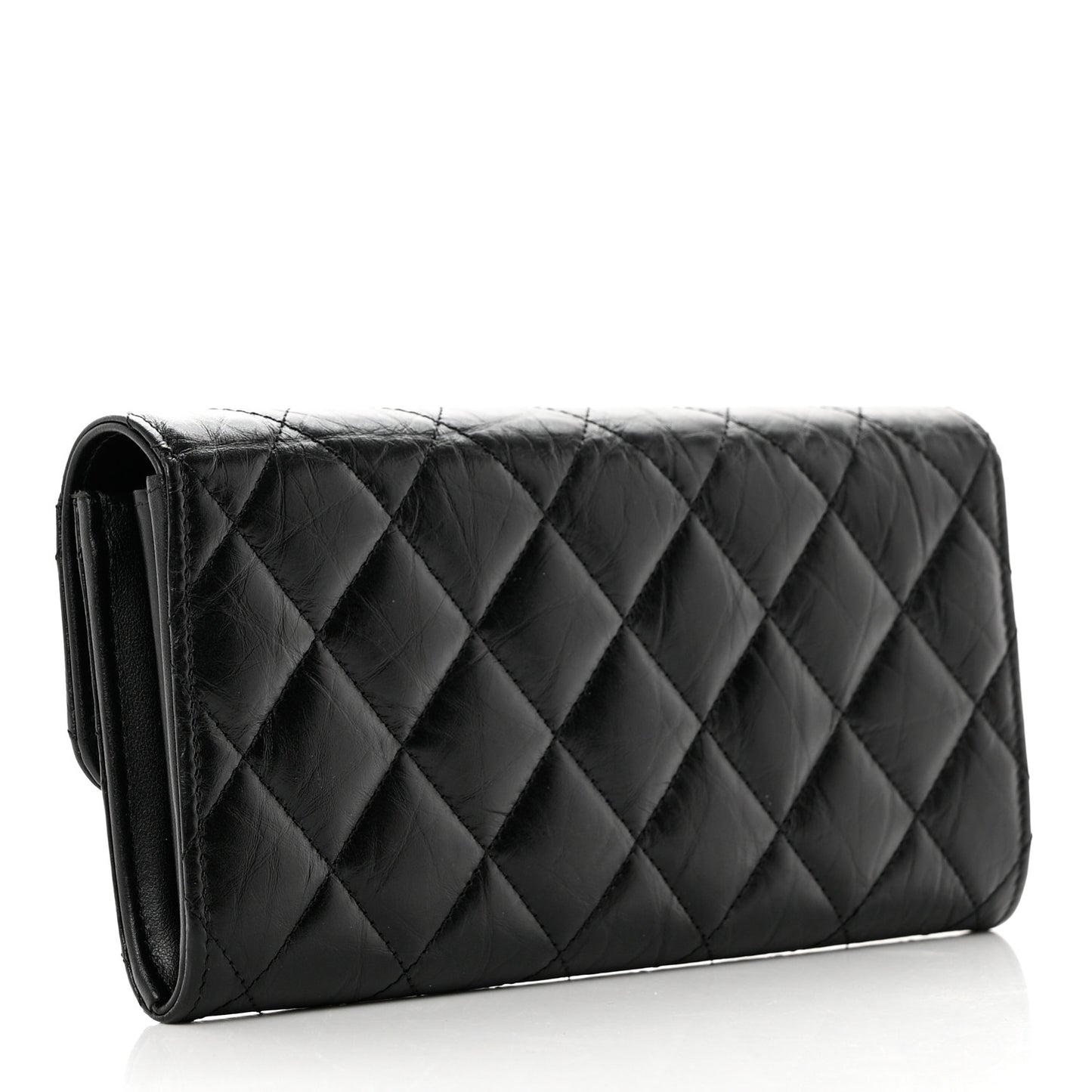 Crumpled Calfskin Quilted Large Reissue Gusset Flap Wallet Black