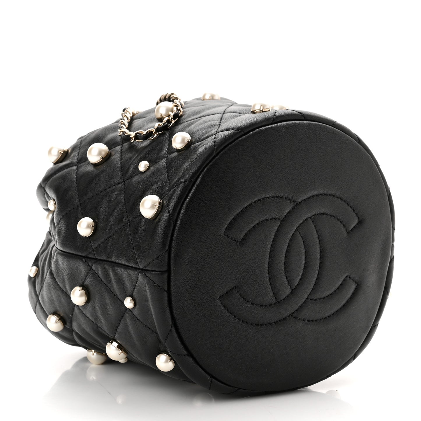 Lambskin Quilted Pearl About Pearls Drawstring Bag Black