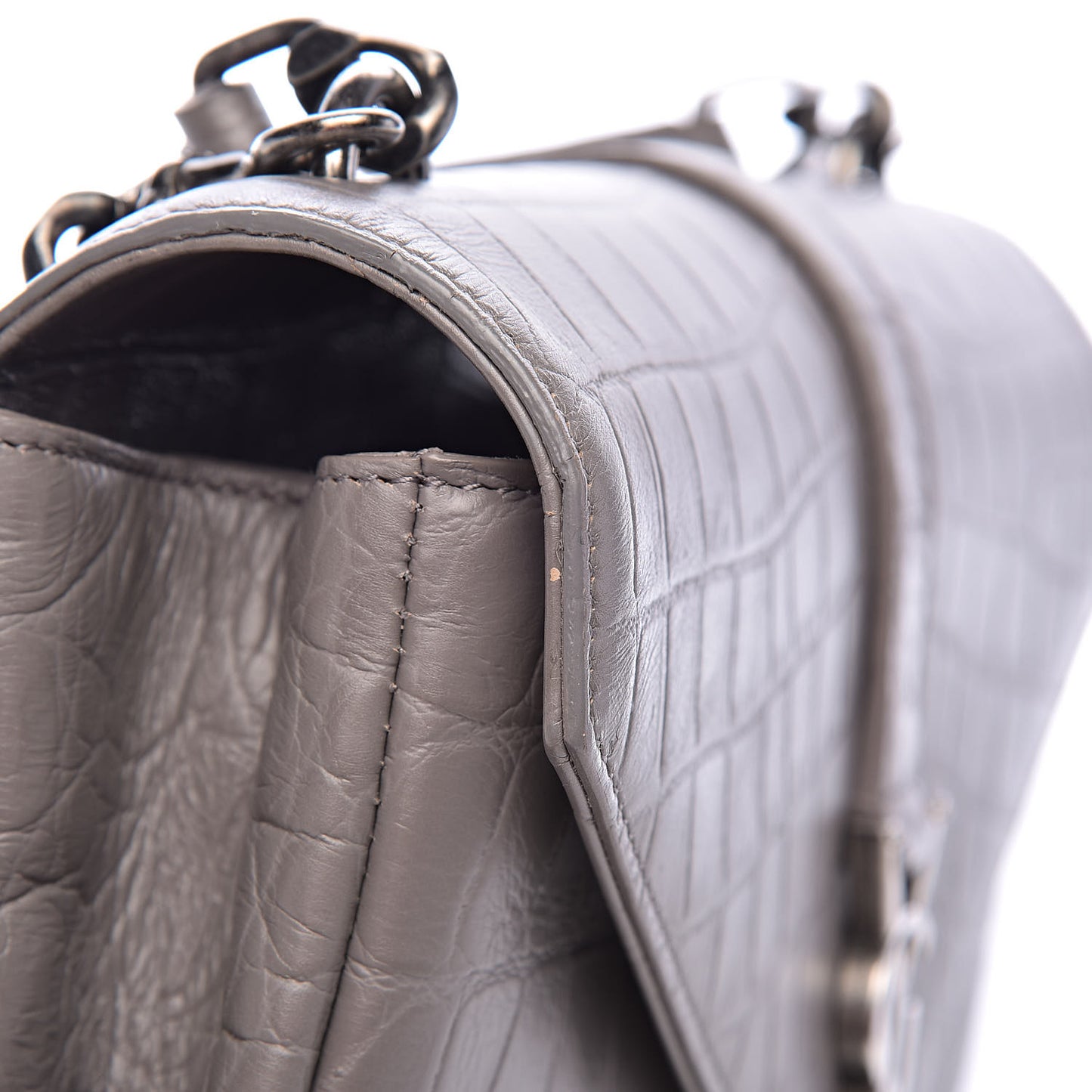 Calfskin Crocodile Embossed Medium College Monogram Satchel Gray