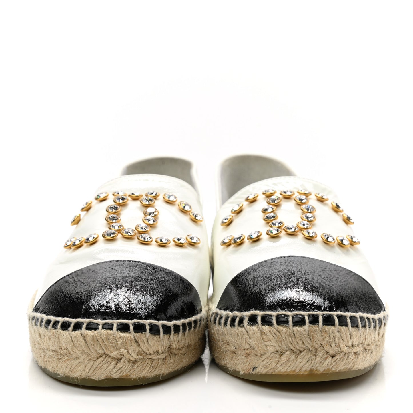 Patent Calfskin Crystal CC Espadrilles 40 White Black