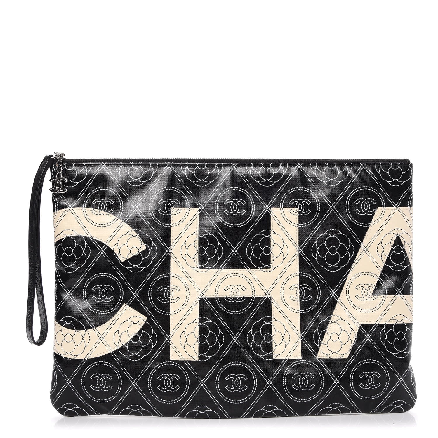 Chanel Coated Canvas Camellia Printed Pouch Black Beige 1 of 8