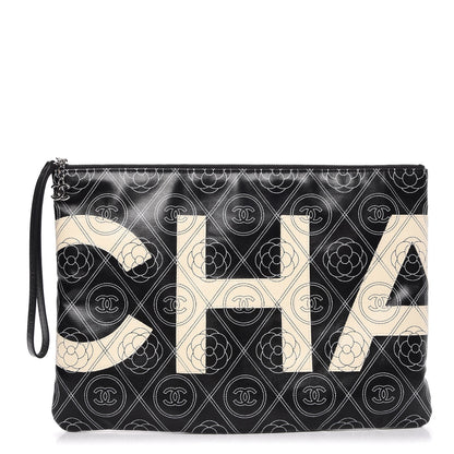 Chanel Coated Canvas Camellia Printed Pouch Black Beige 1 of 8
