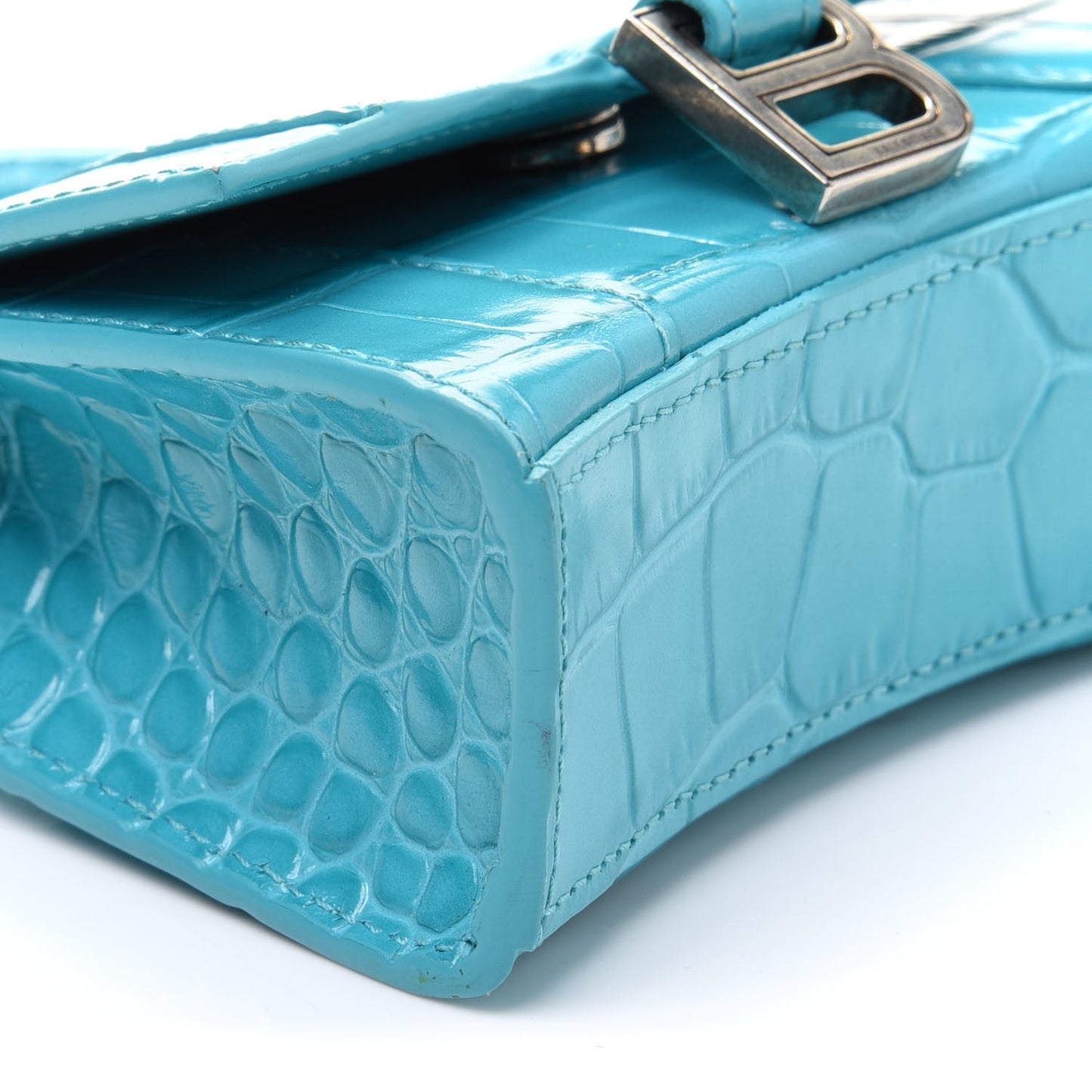 Shiny Calfskin Crocodile Embossed Hourglass Top Handle Bag Mini Turquoise