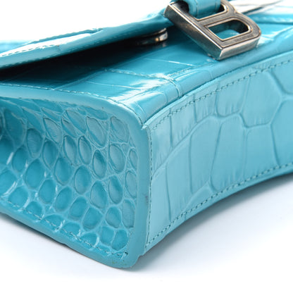 Balenciaga Shiny Calfskin Crocodile Embossed Hourglass Top Handle Bag Mini Turquoise 4 of 14