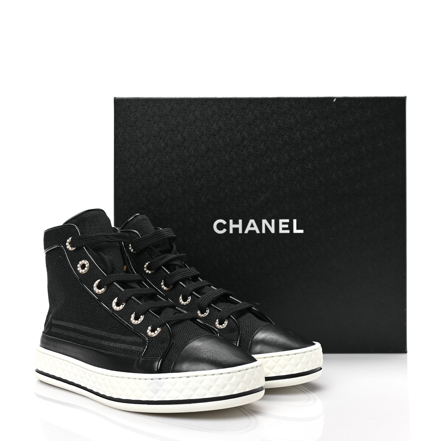 Chanel Fabric Lambskin Lace Up Cap Toe Sneakers 36.5 Black 8 of 8