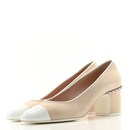Chanel Velvet Matte Calfskin Patent Chain CC Cap Toe Pumps 39 Beige White 3 of 12