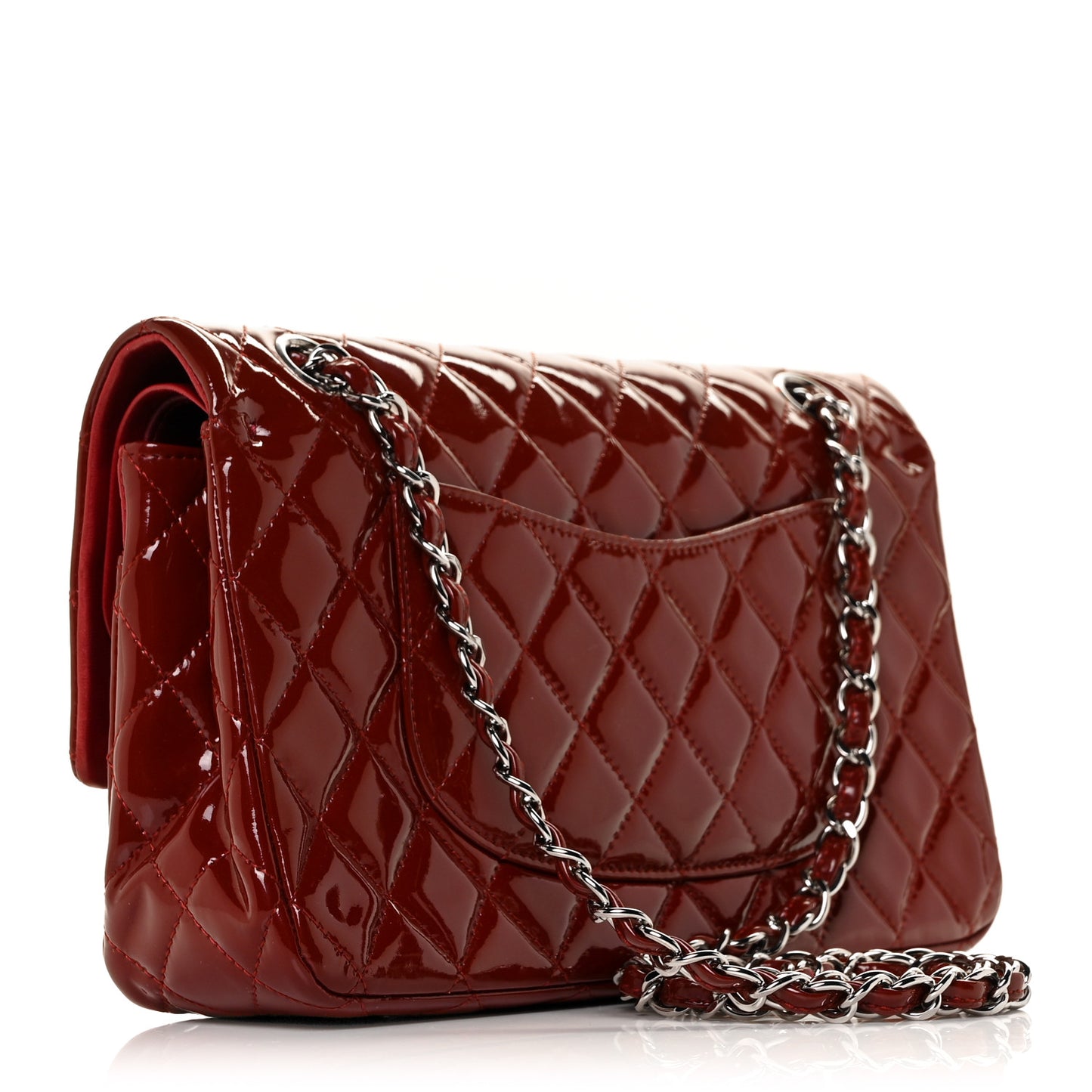 Patent Calfskin Quilted Medium Double Flap Dark Red