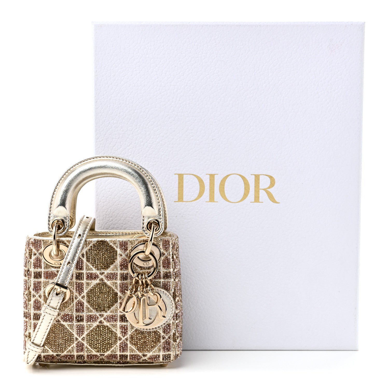 Christian Dior Metallic Lambskin Cannage Beaded Embroidered Micro Lady Dior Gold 14 of 14