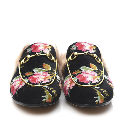 Gucci Velvet Fur Floral Womens Princetown Slippers 38 Black 2 of 8