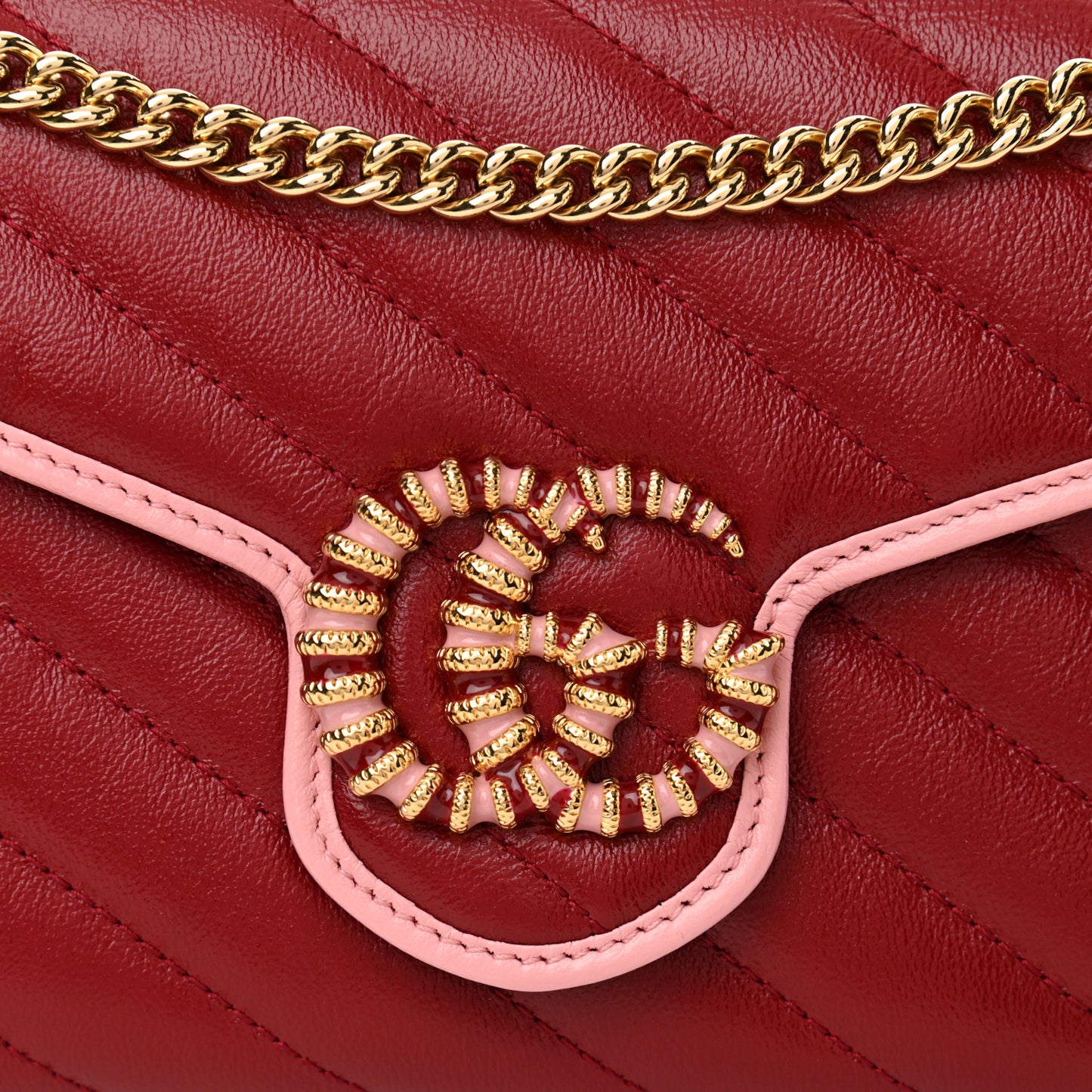 Azalea Calfskin Enamel Matelasse Diagonal Torchon GG Marmont Chain Wallet New Cherry Red Wild Rose