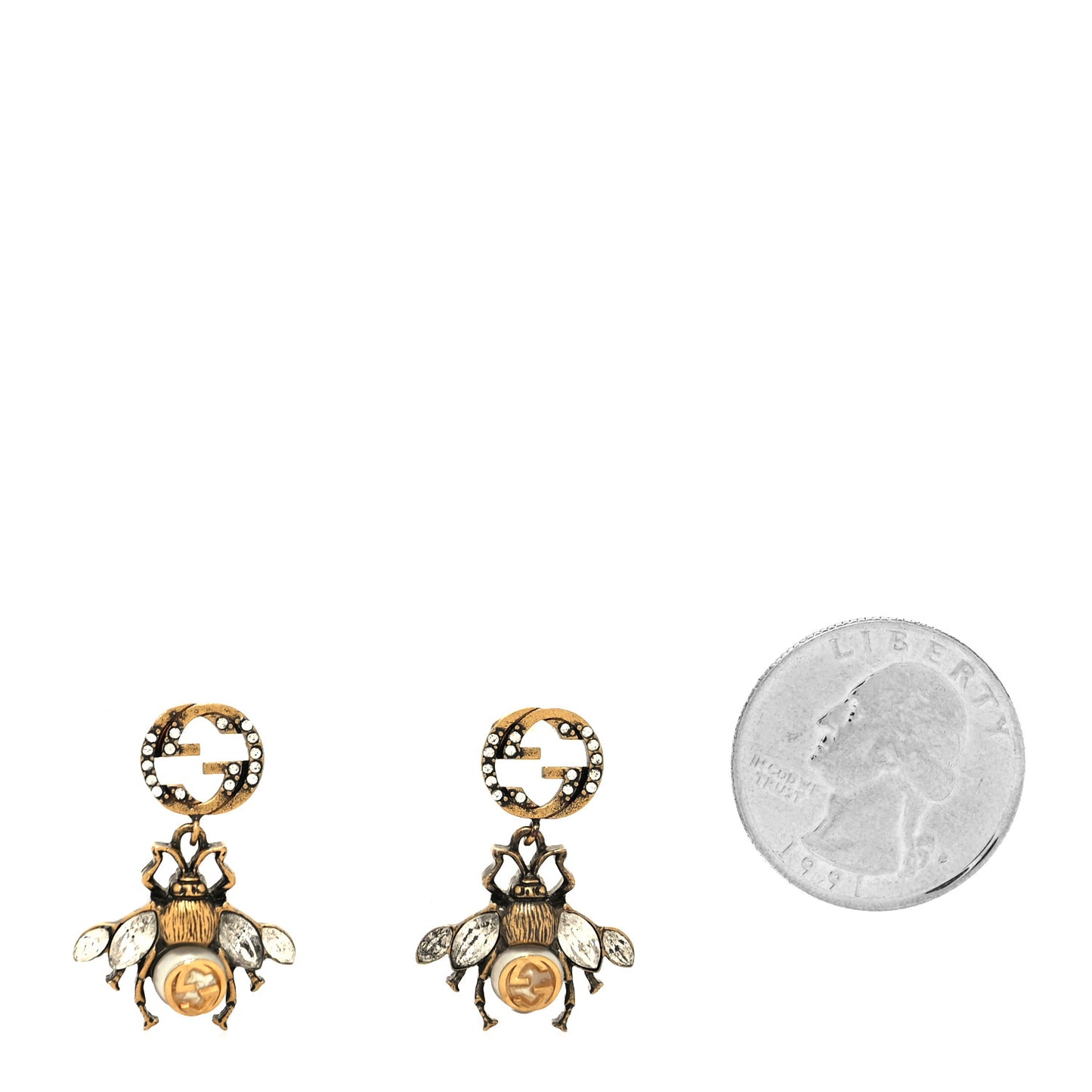 Crystal Pearl GG Drop Bee Earrings Gold