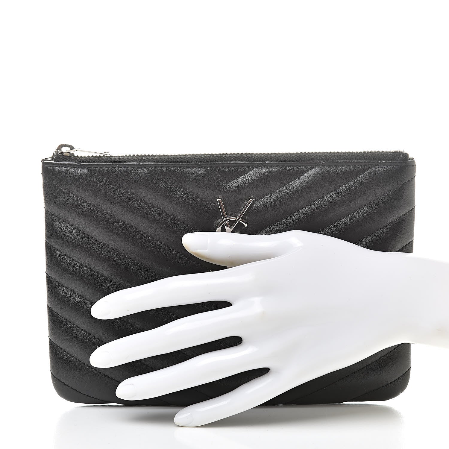 Saint Laurent Calfskin Matelasse Chevron Monogram Pouch Black 2 of 8