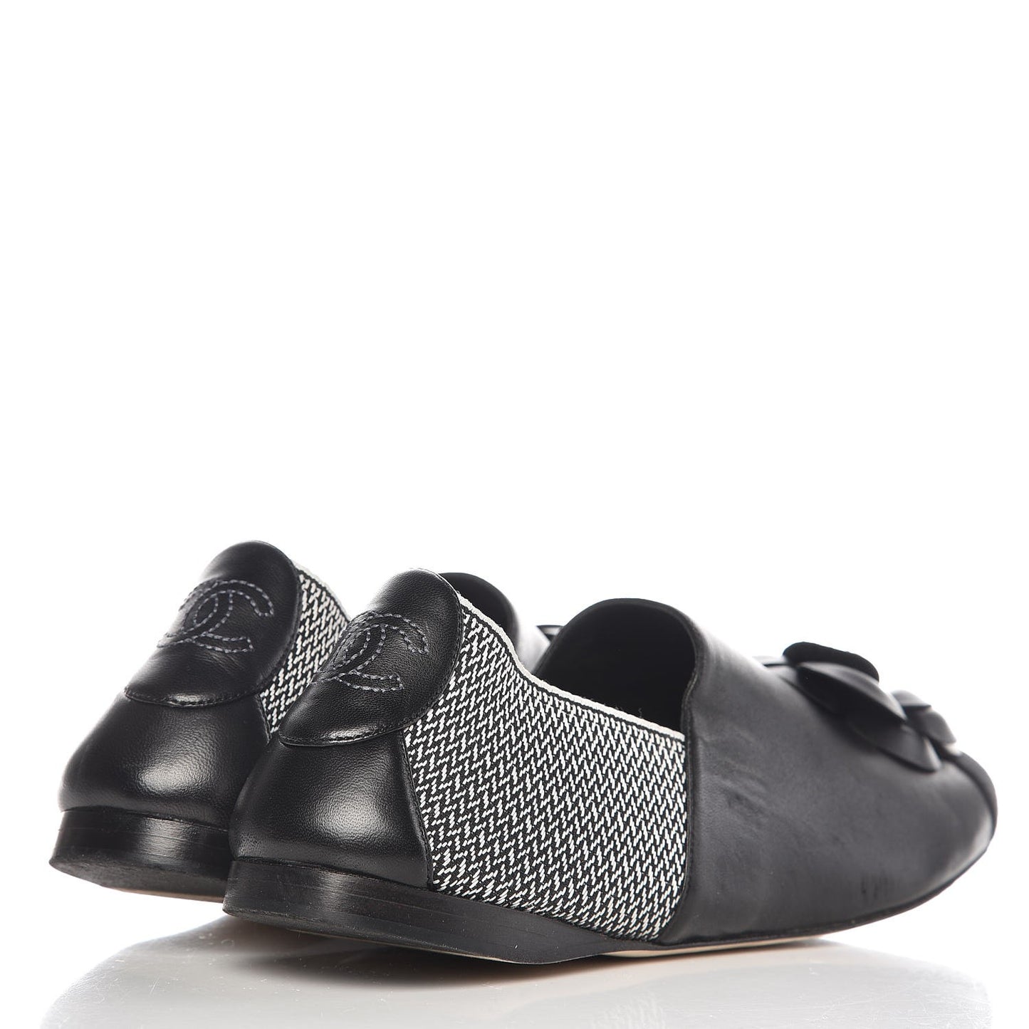 Lambskin Fabric Camellia Moccasin Flats 41 Black White