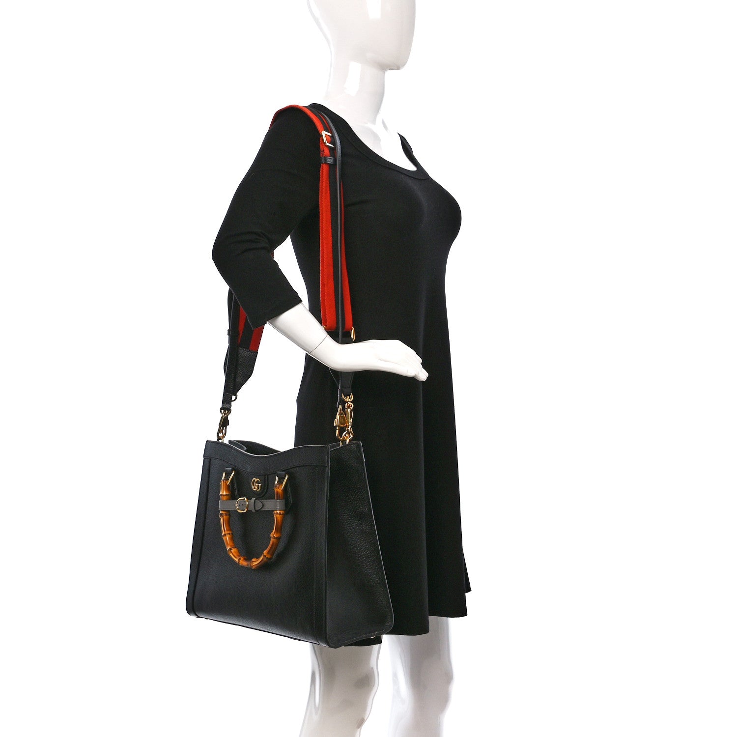 Gucci Textured Dollar Calfskin Web Medium Diana Tote Bag Black Dusty Grey 2 of 12