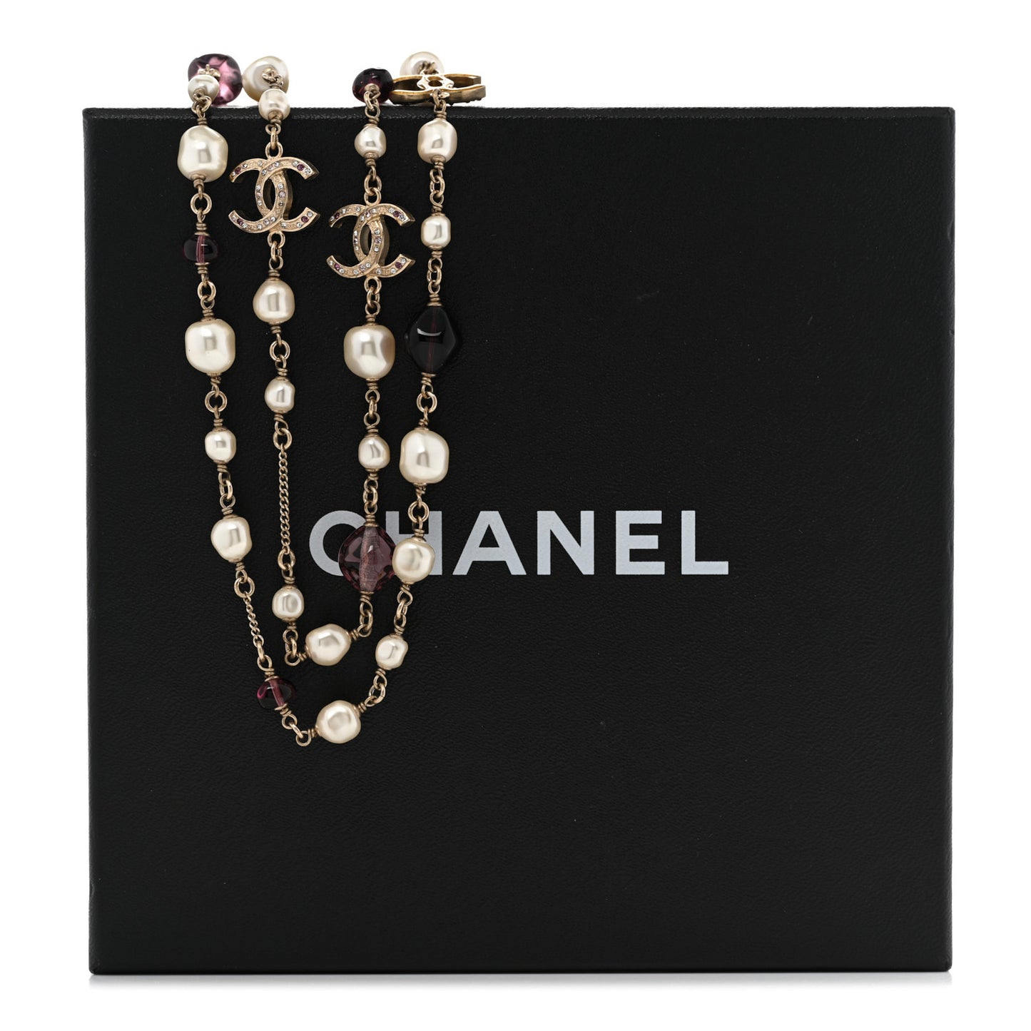 Beaded Pearl Crystal CC Long Strand Necklace Gold Purple