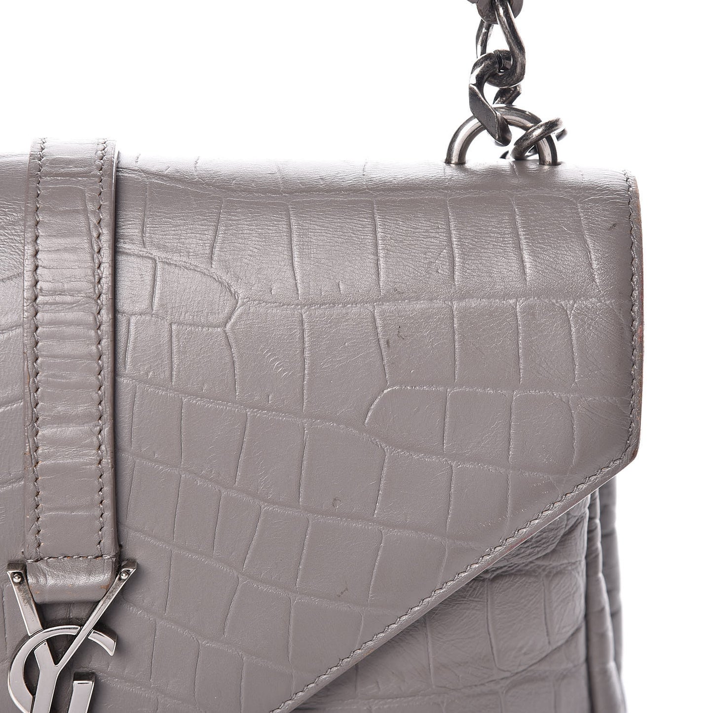 Calfskin Crocodile Embossed Medium College Monogram Satchel Gray