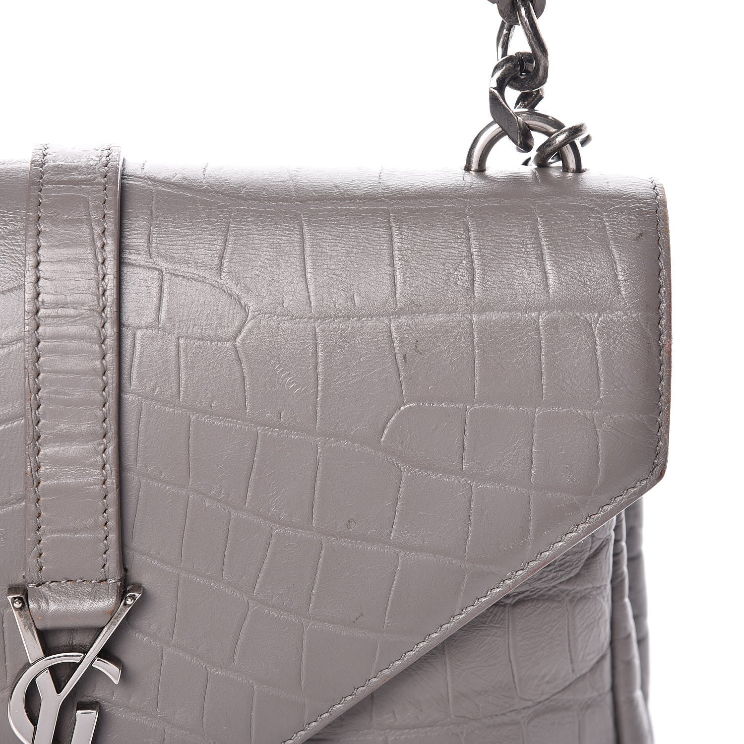 Saint Laurent Calfskin Crocodile Embossed Medium College Monogram Satchel Gray 15 of 15