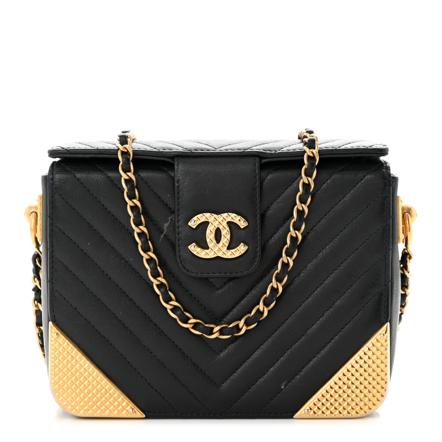 Calfskin Chevron Quilted Rock The Corner Minaudiere Bag Black